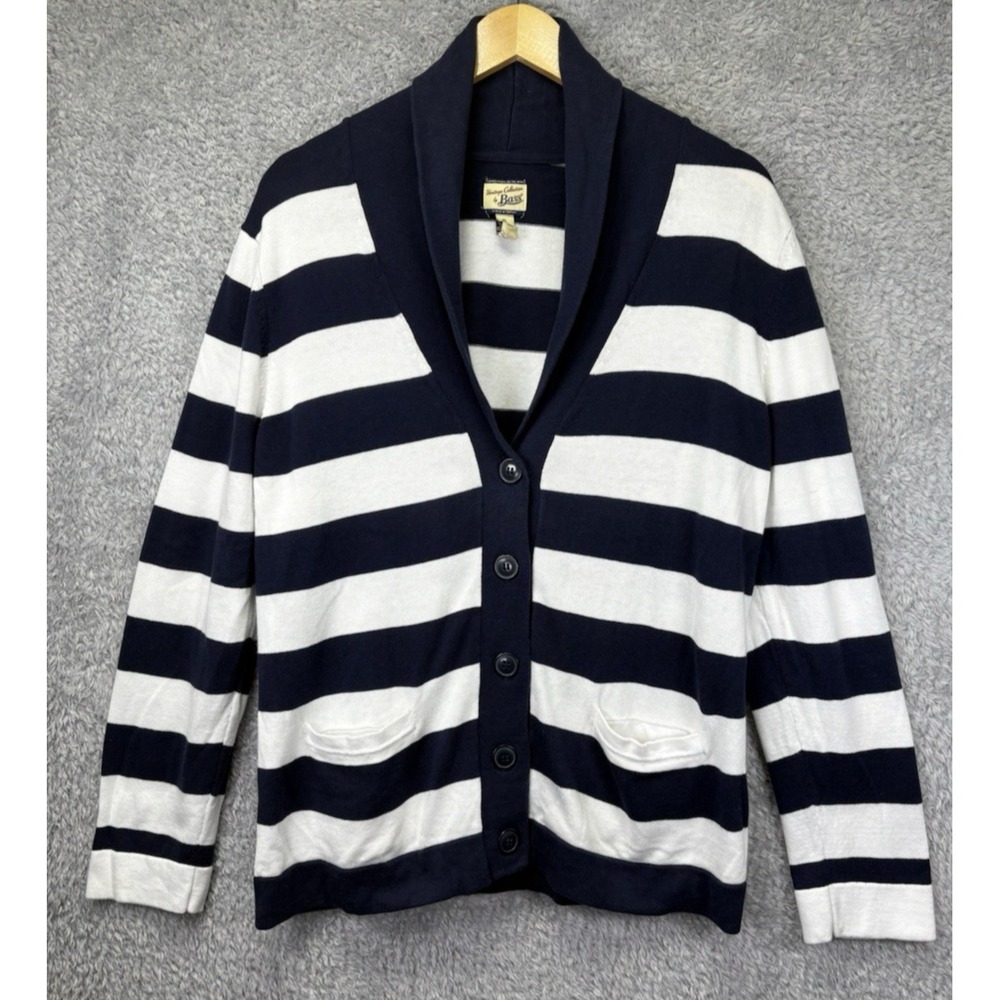 VTG GH Bass Heritage Womens XL 100% Cotton Cardigan Navy Stripe Nautical Preppy